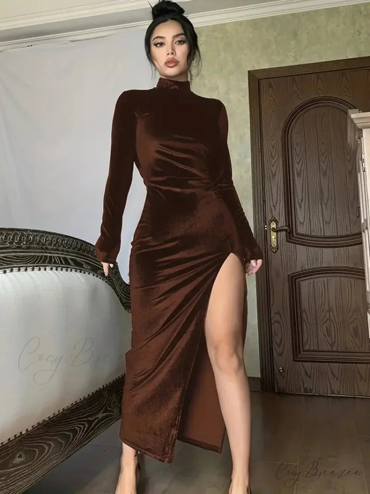 Thigh Split Ruched High Collar Long Sleeve Party Dress S / Brown