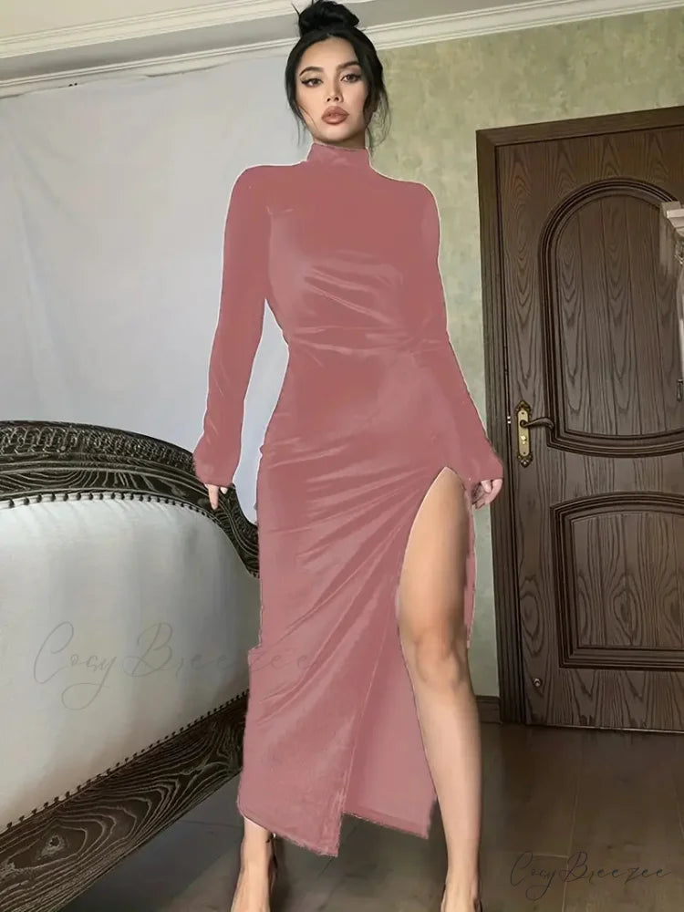 Thigh Split Ruched High Collar Long Sleeve Party Dress S / Purple