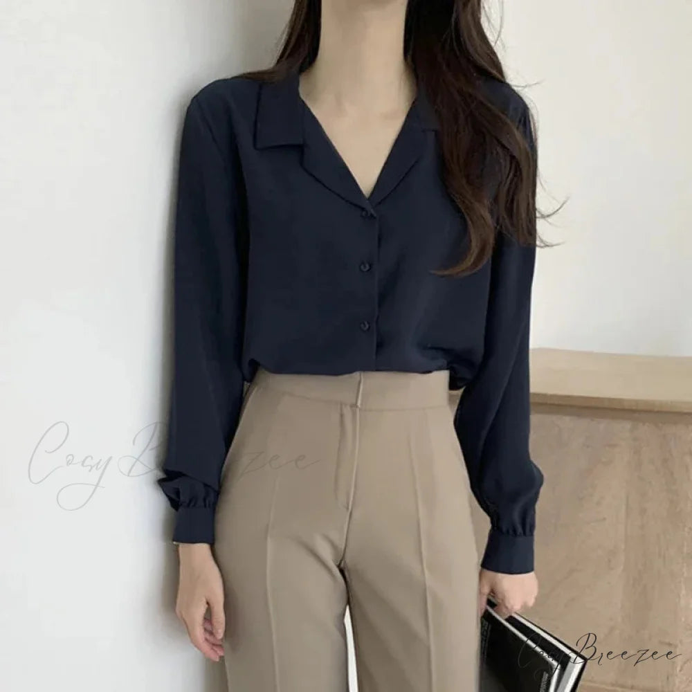Thin Solid Color Long Sleeve Turn Down Collar Crop Top blouse-250126
