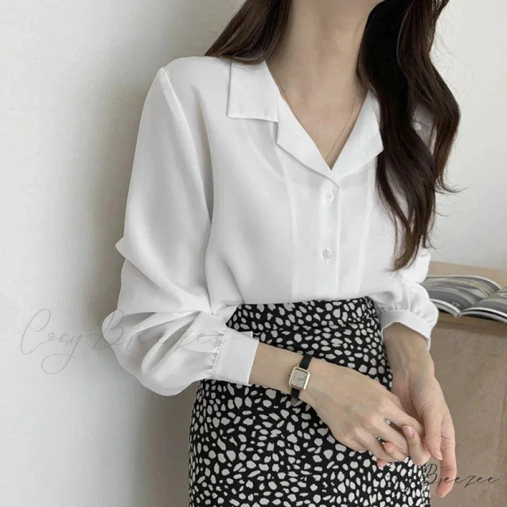 Thin Solid Color Long Sleeve Turn Down Collar Crop Top blouse-250126