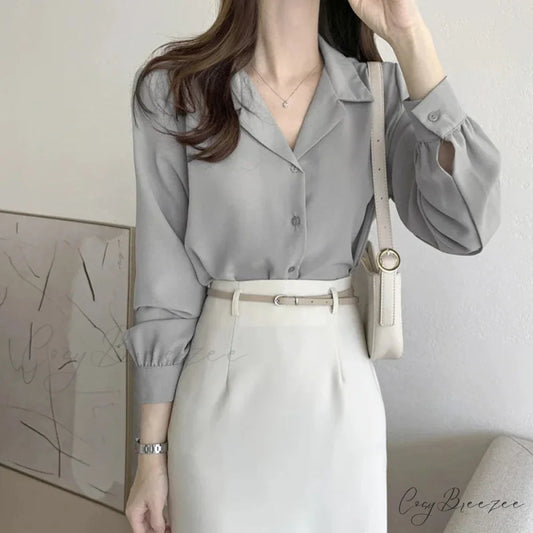 Thin Solid Color Long Sleeve Turn Down Collar Crop Top blouse-250126