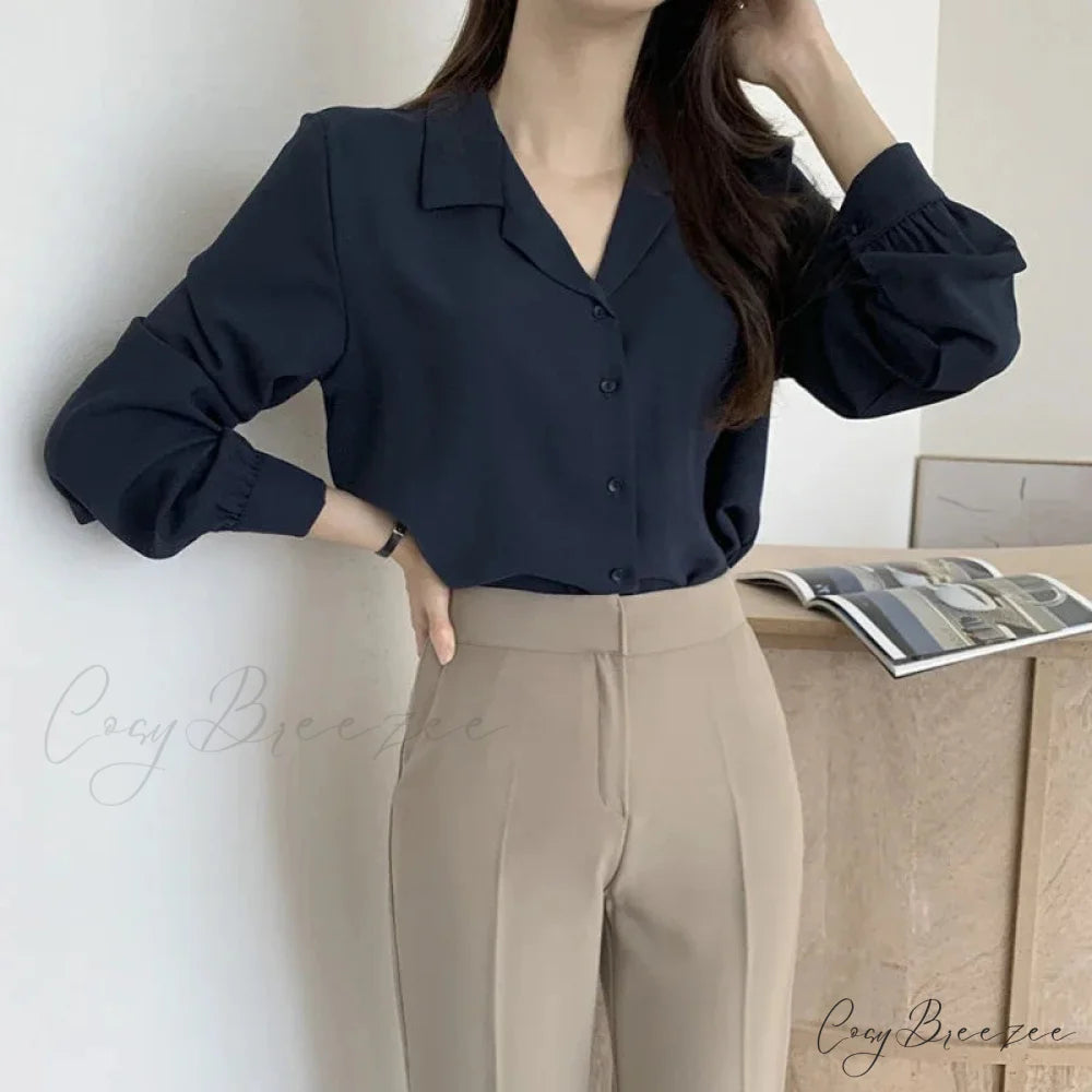 Thin Solid Color Long Sleeve Turn Down Collar Crop Top blouse-250126
