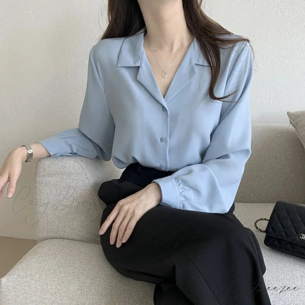 Thin Solid Color Long Sleeve Turn Down Collar Crop Top blouse-250126