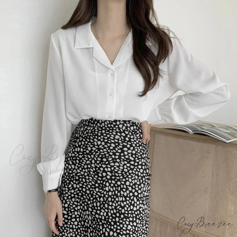 Thin Solid Color Long Sleeve Turn Down Collar Crop Top blouse-250126
