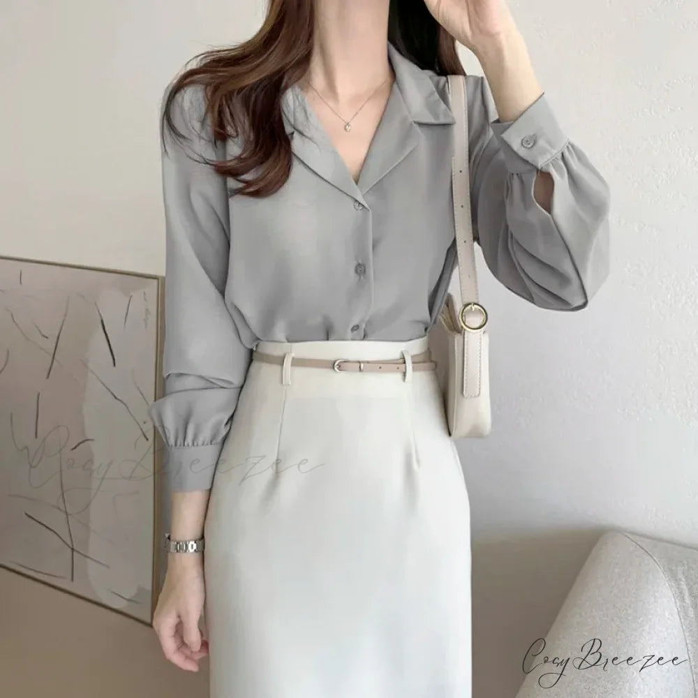 Thin Solid Color Long Sleeve Turn Down Collar Crop Top Gray / One Size blouse-250126