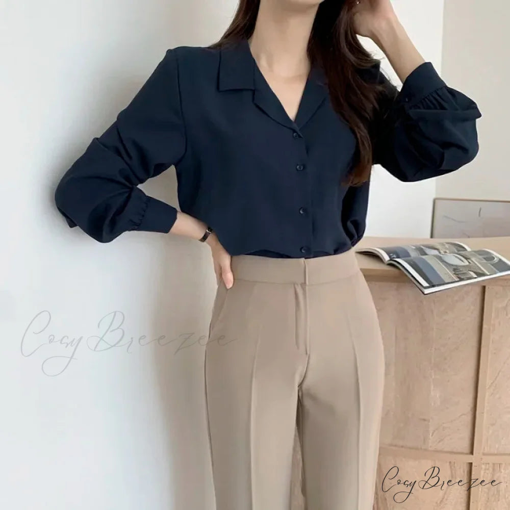 Thin Solid Color Long Sleeve Turn Down Collar Crop Top Navy Blue / One Size blouse-250126