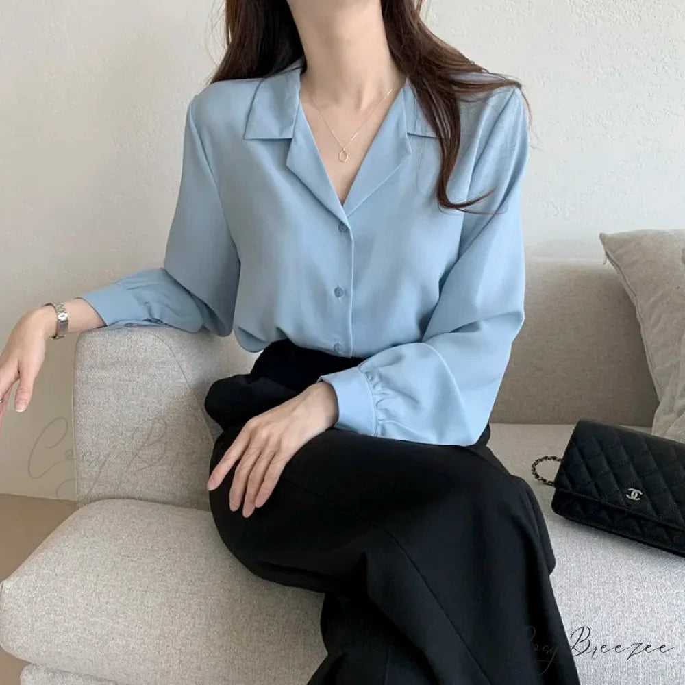 Thin Solid Color Long Sleeve Turn Down Collar Crop Top Sky Blue / One Size blouse-250126