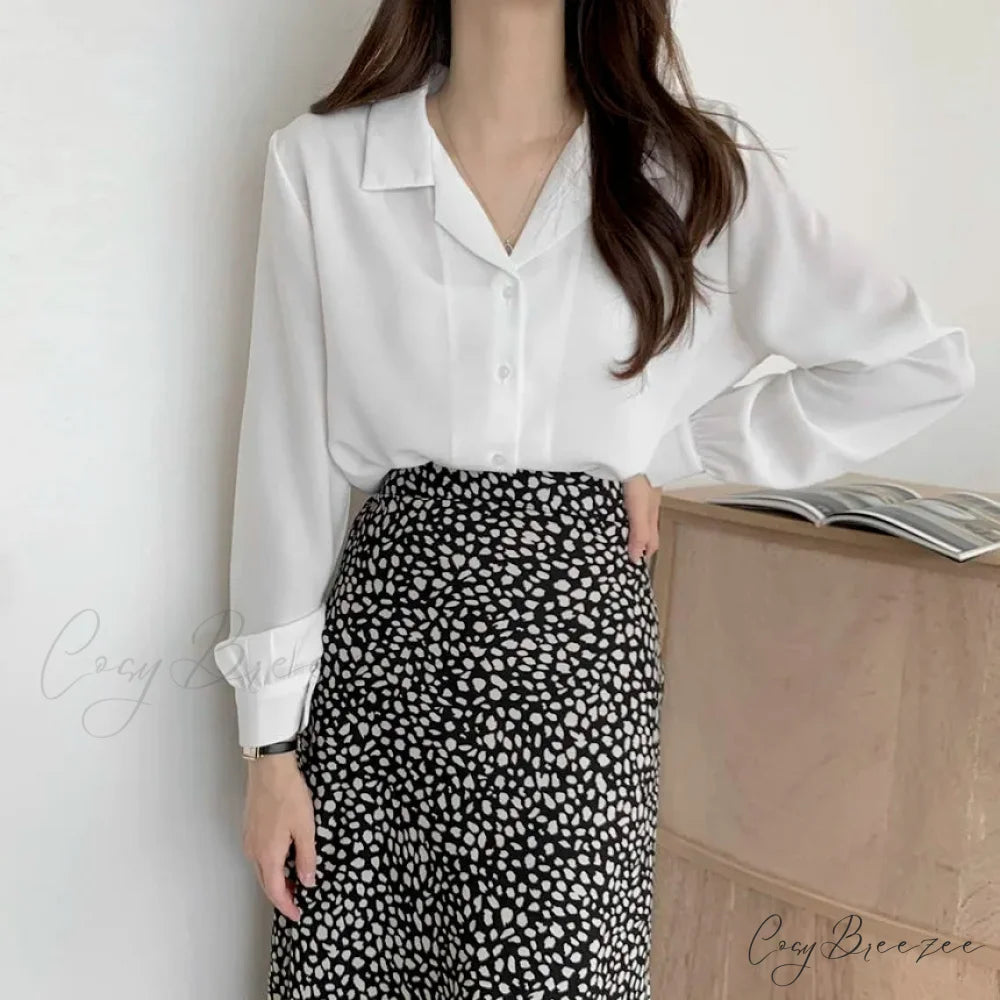 Thin Solid Color Long Sleeve Turn Down Collar Crop Top WHITE / One Size blouse-250126