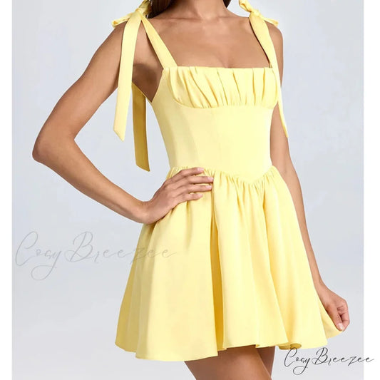 Thin Strap Lace-Up Mini Gown Yellow / S minidress-250223