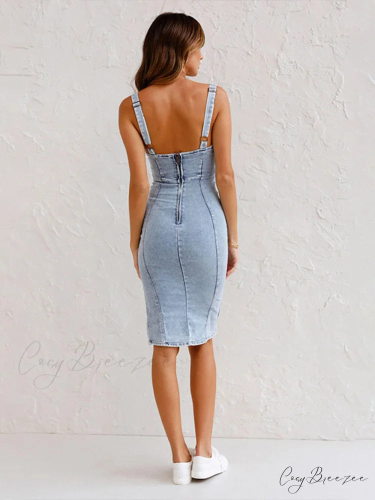 This Seasons Staple Denim Adjustable Trendy Straps Zip-up Firm Stretch Midi Dress