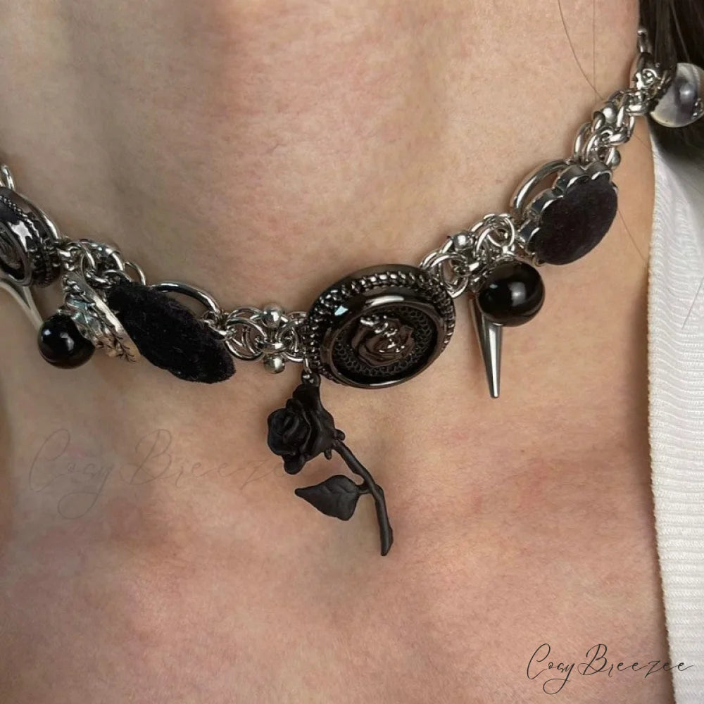 Thorn Rose Punk Velvet Button Unique Heavy Work Necklace BLACK