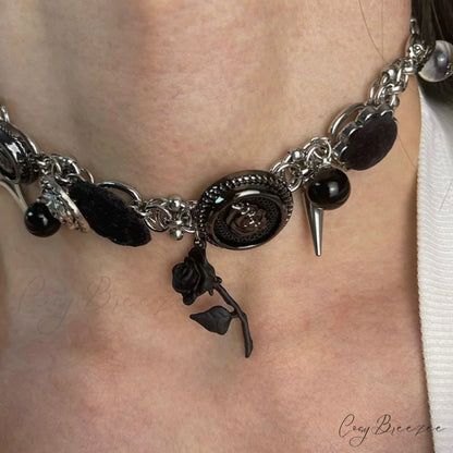 Thorn Rose Punk Velvet Button Unique Heavy Work Necklace BLACK