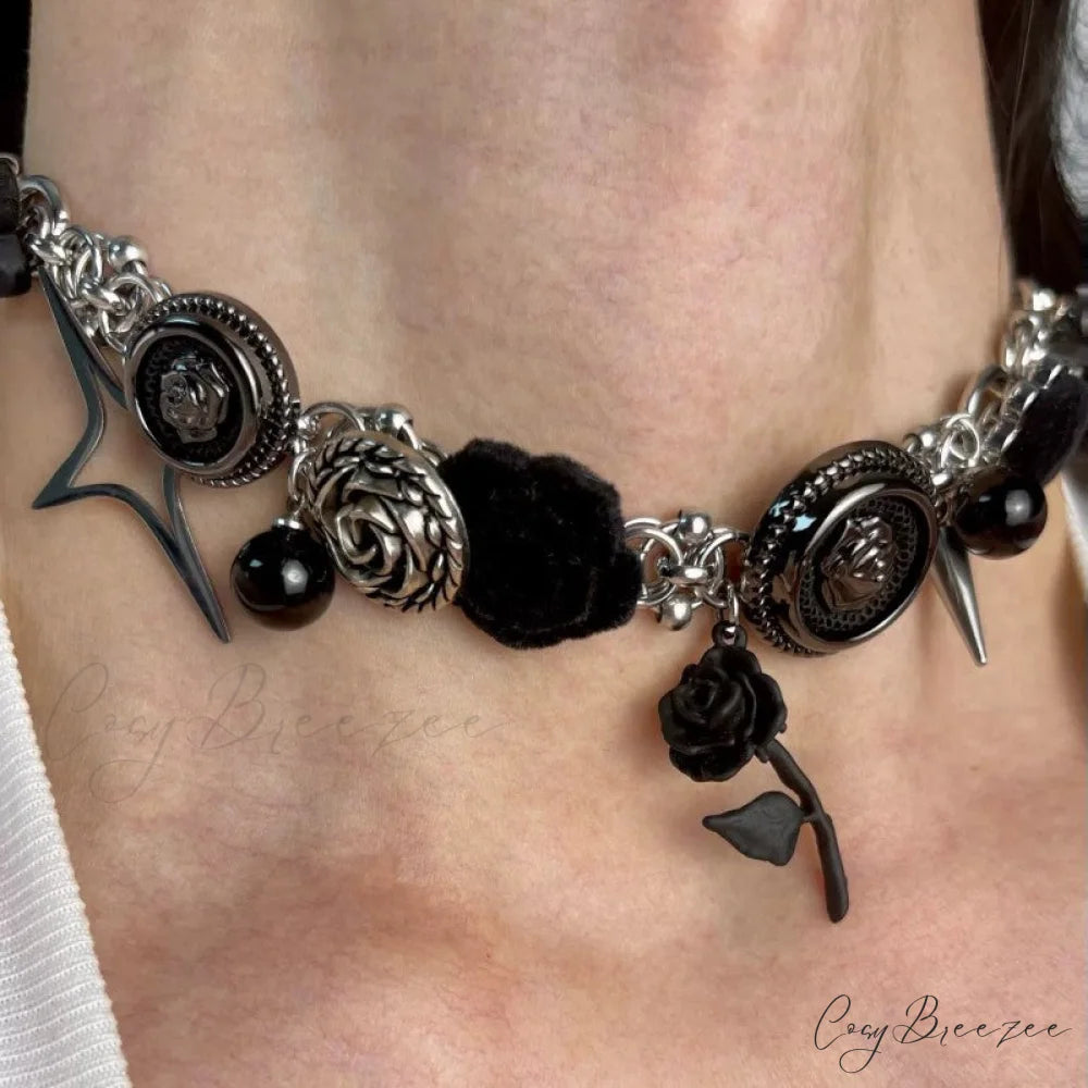 Thorn Rose Punk Velvet Button Unique Heavy Work Necklace BLACK