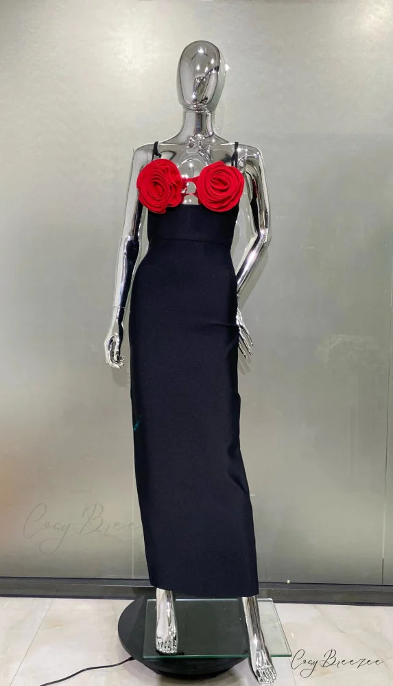 Three-Dimensional Flower Mid-Calf Party Dress Red Flowers / S