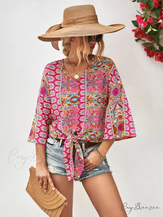 Three-Quarter and V-Neck with Hem Blouse Tie Sleeves Hot Pink / S