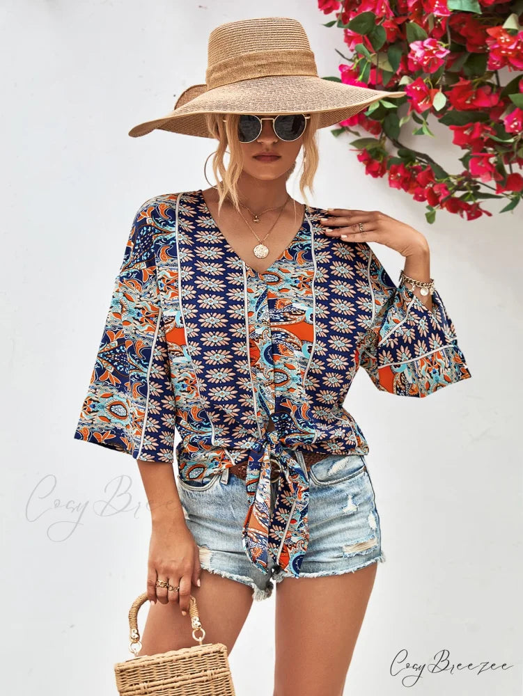 Three-Quarter and V-Neck with Hem Blouse Tie Sleeves Navy / S