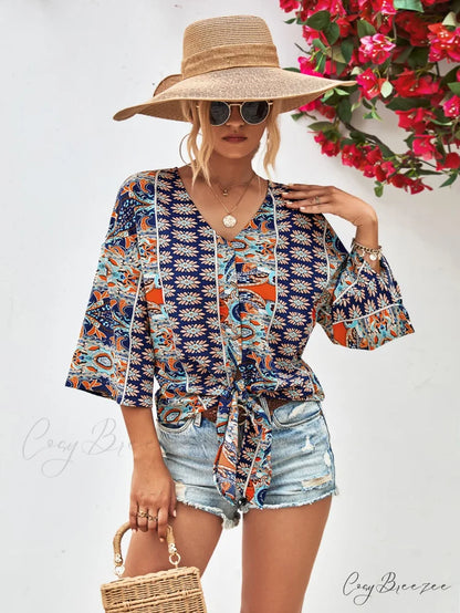 Three-Quarter and V-Neck with Hem Blouse Tie Sleeves Navy / S