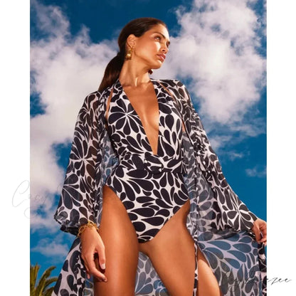 Throwback Plunge Neck Swimwear One Piece onepiece-250223