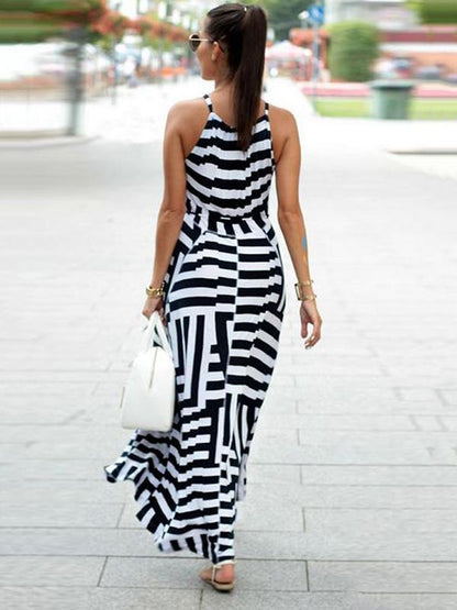 Asymmetric Striped Halterneck Maxi Dress in White and Black