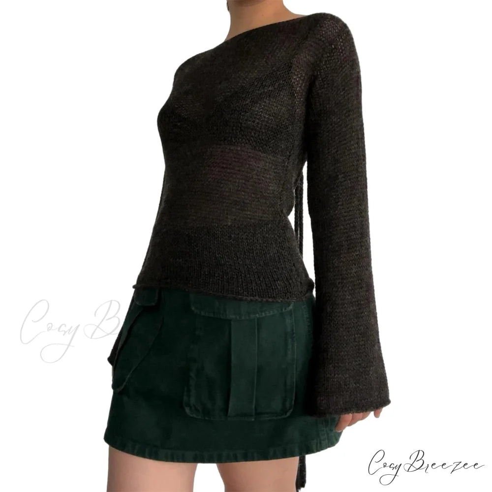Tie Back Boat Neck Solid Color Sweater Black / S swraters-241228