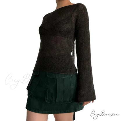 Tie Back Boat Neck Solid Color Sweater Black / S swraters-241228