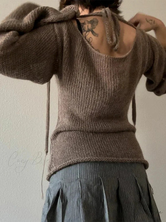 Tie Back Boat Neck Solid Color Sweater Brown / S swraters-241228