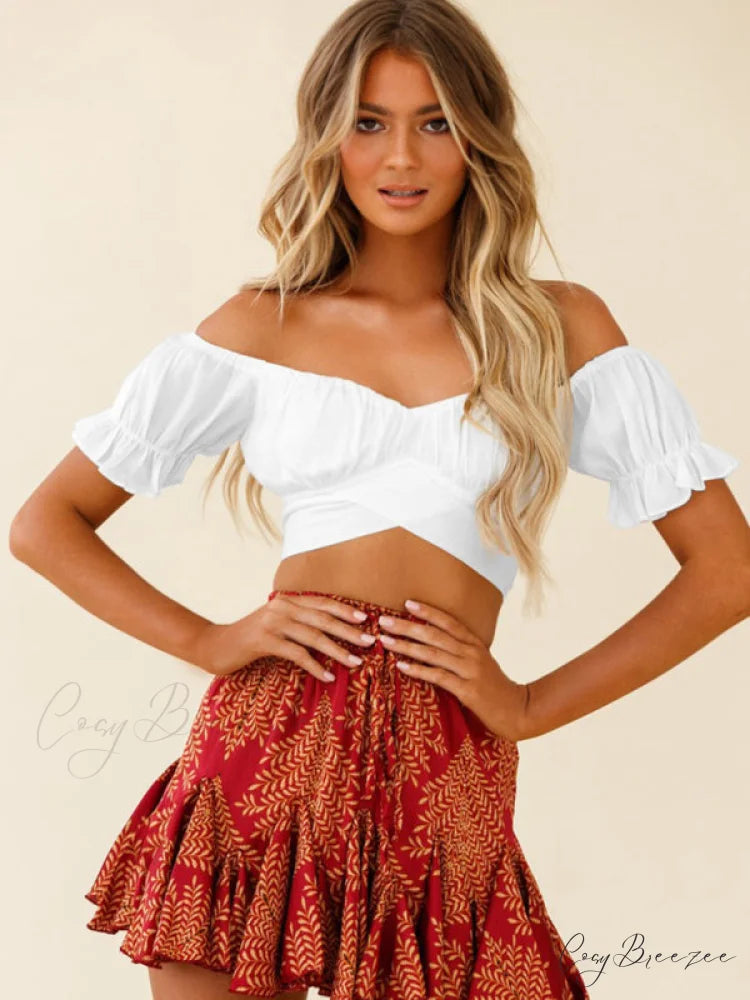 tie-back top crop short-sleeved ruffle women’s Oktoberfest top White / S