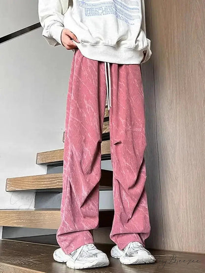 Tie Dye Corduroy Wide Leg Pants Pink / S pants-241228