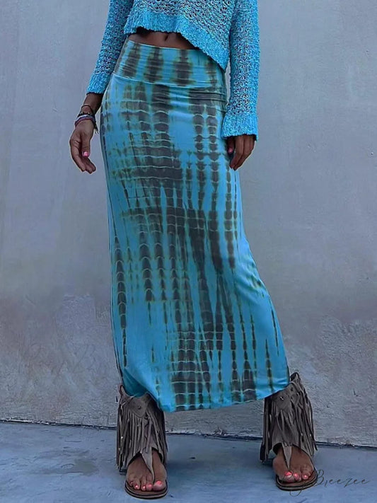 Tie-Dye Elastic Stylish Waist Maxi Skirt Blue / S
