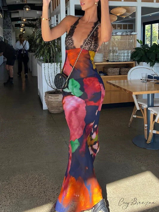 Tie-Dye Floral Chiffon Holiday Dress red / S vacationdress-250223