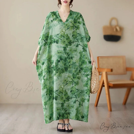 Tie Dye Floral Printed Batwing Sleeve Boho Dress Green / One Size