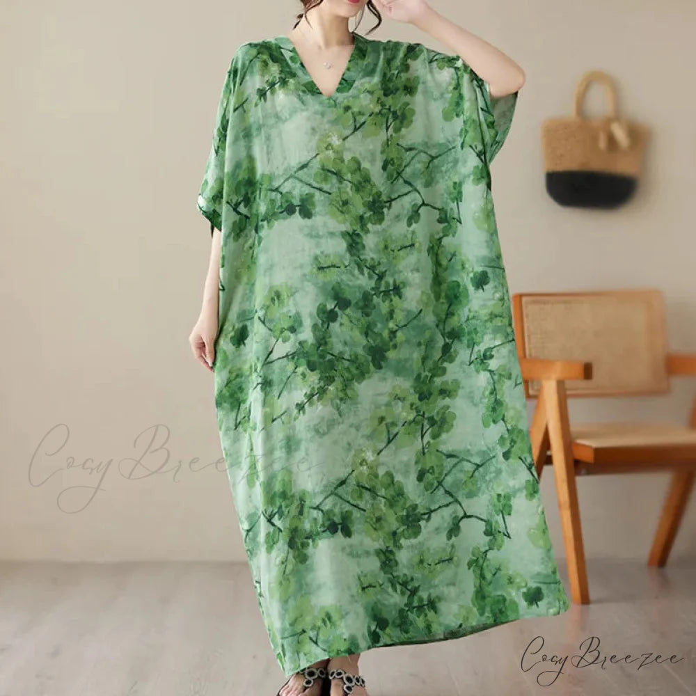 Tie Dye Floral Printed Batwing Sleeve Boho Dress Green / One Size