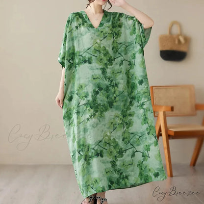 Tie Dye Floral Printed Batwing Sleeve Boho Dress Green / One Size