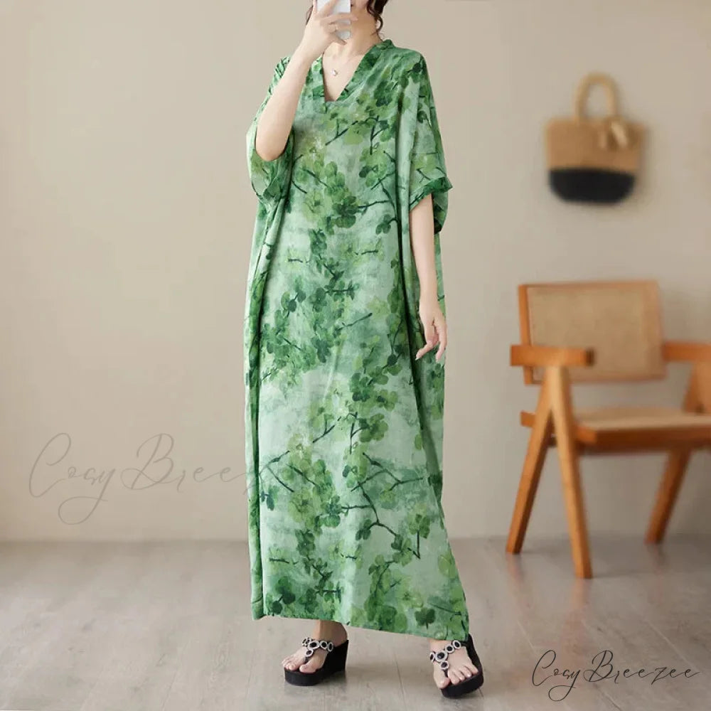 Tie Dye Floral Printed Batwing Sleeve Boho Dress Green / One Size