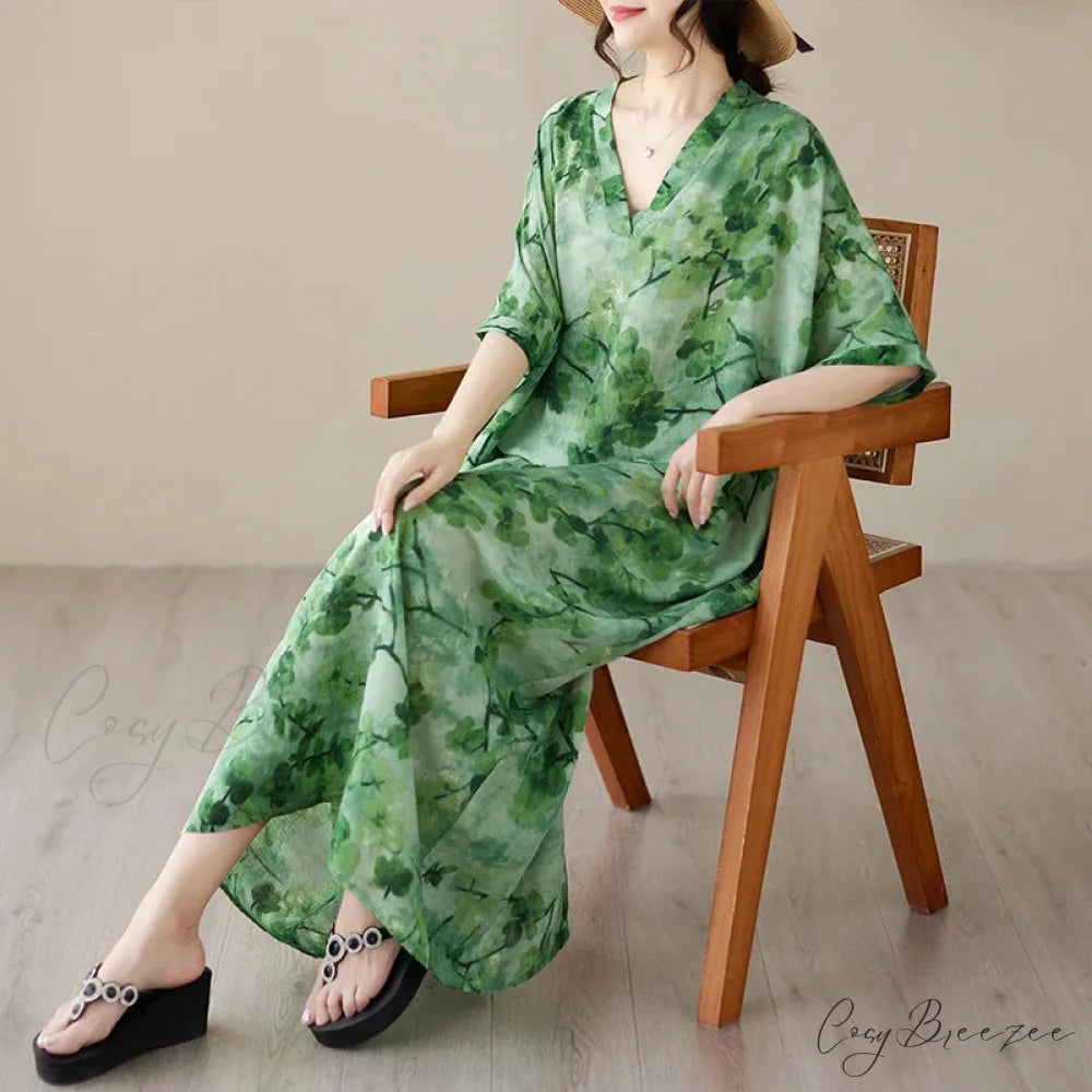 Tie Dye Floral Printed Batwing Sleeve Boho Dress Green / One Size