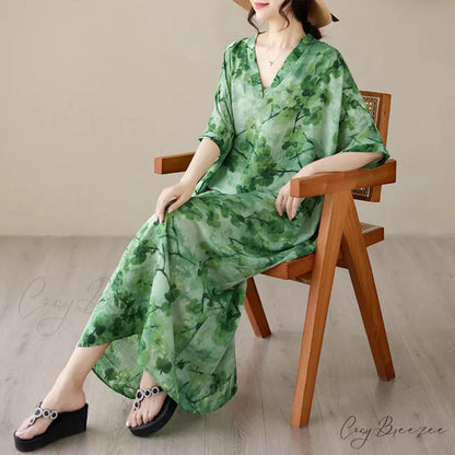 Tie Dye Floral Printed Batwing Sleeve Boho Dress Green / One Size