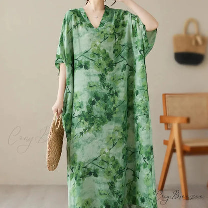 Tie Dye Floral Printed Batwing Sleeve Boho Dress Green / One Size