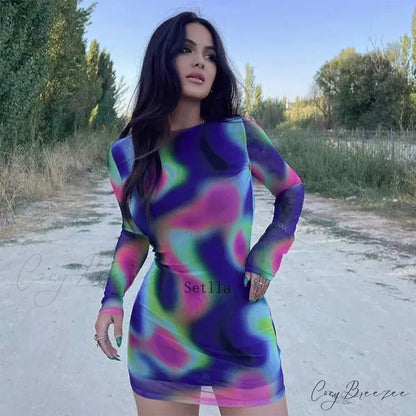Tie Dye O Neck Sleeve Backless Mini Dress
