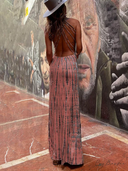 Tie-dye Print Back Charming Lace-up Stretch Maxi Dress