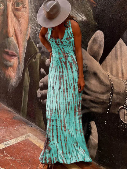Tie-dye Print Back Charming Lace-up Stretch Maxi Dress Cyan / S