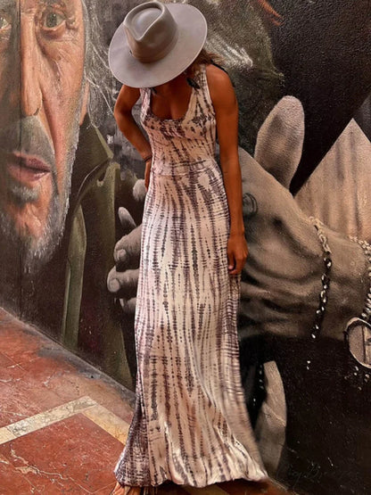 Tie-dye Print Back Charming Lace-up Stretch Maxi Dress Gray / S