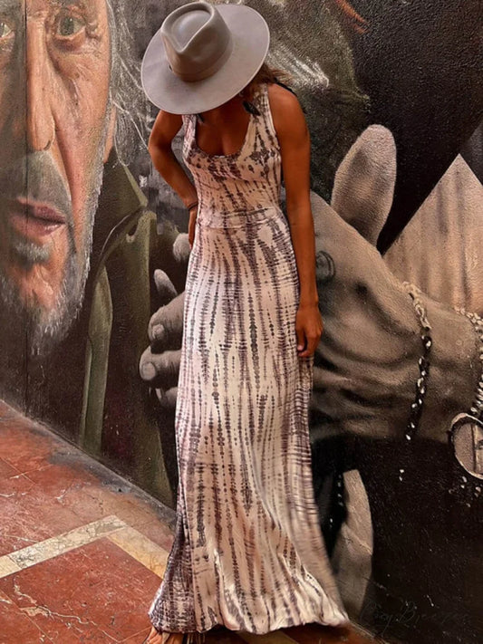 Tie-dye Print Back Charming Lace-up Stretch Maxi Dress Gray / S