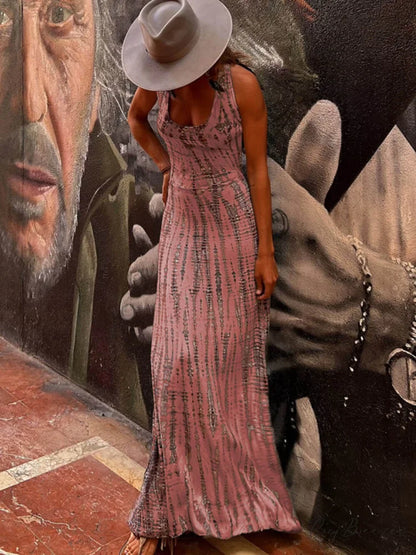 Tie-dye Print Back Charming Lace-up Stretch Maxi Dress Pink / S