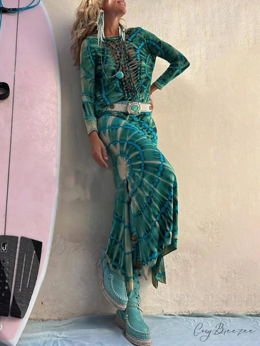 Tie-Dye Print High Charming Rise Stretch Slit Skirt