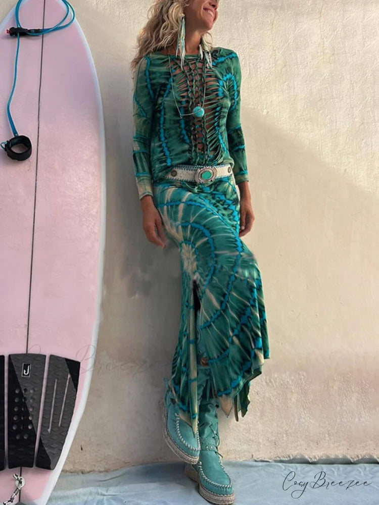 Tie-Dye Print High Charming Rise Stretch Slit Skirt
