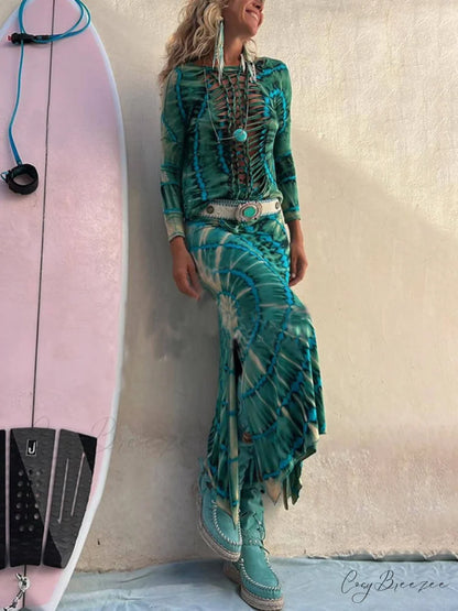 Tie-Dye Print High Charming Rise Stretch Slit Skirt