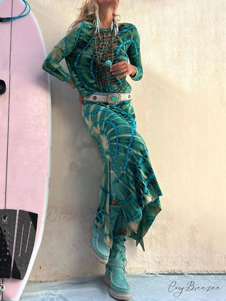 Tie-Dye Print High Charming Rise Stretch Slit Skirt Green / S