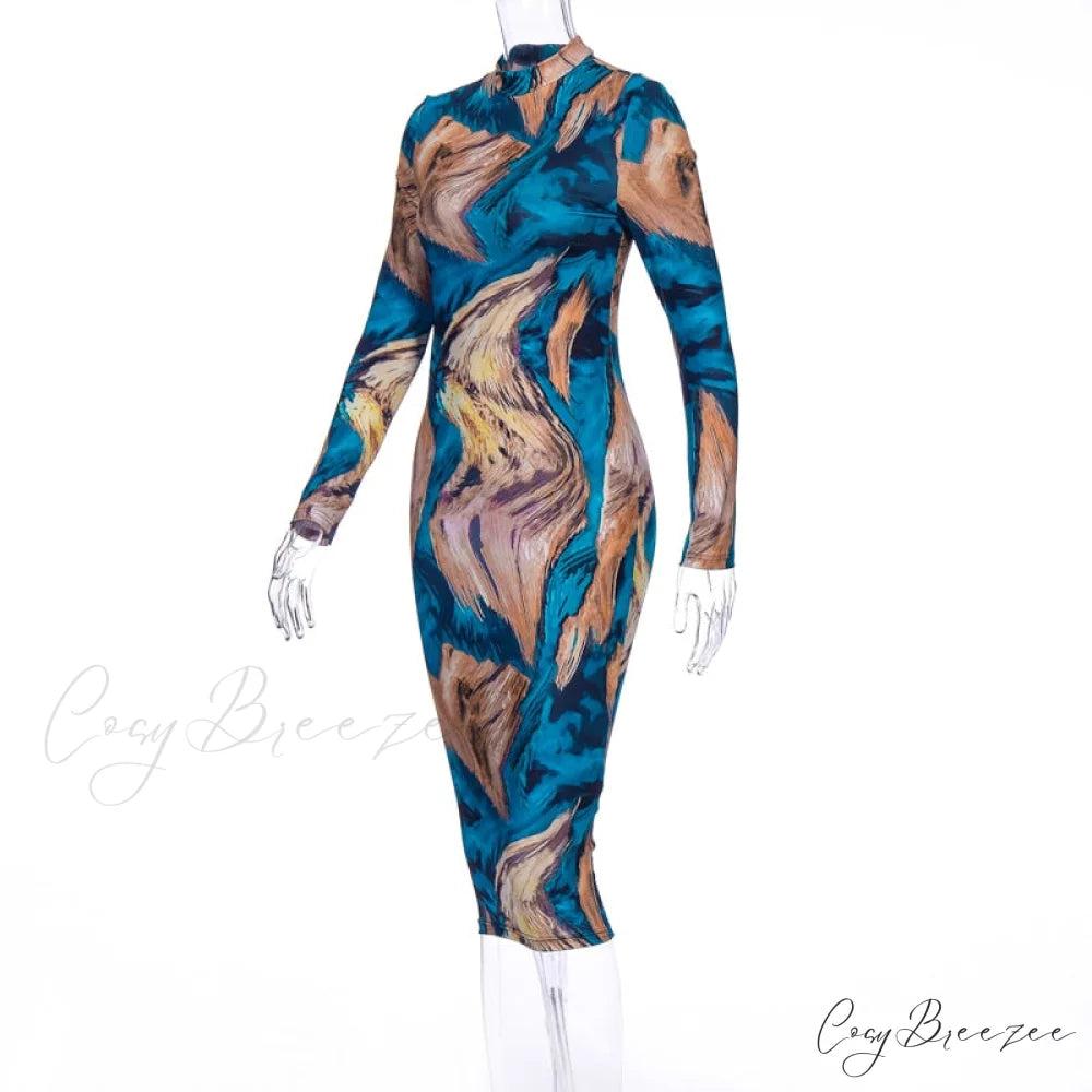 Tie Dye Print Long Sleeve Bodycon Midi Dress