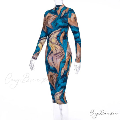 Tie Dye Print Long Sleeve Bodycon Midi Dress