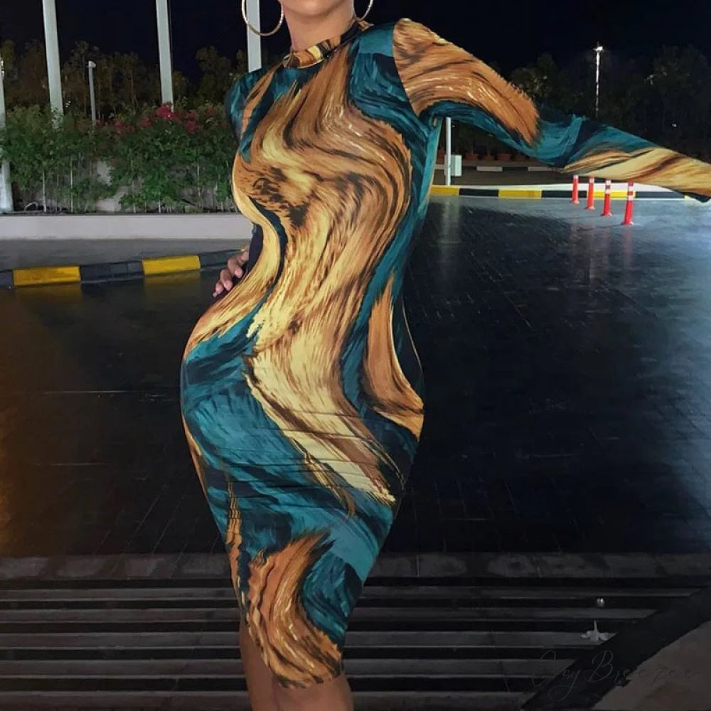Tie Dye Print Long Sleeve Bodycon Midi Dress